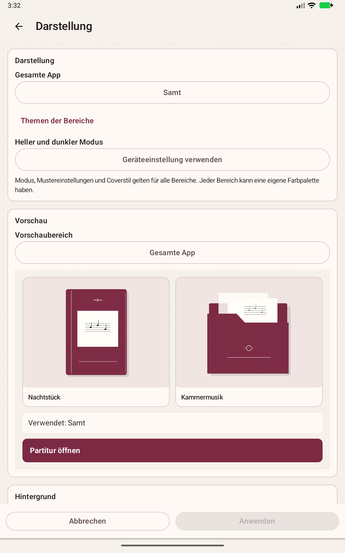 Partitoria-Bildschirm: Farben, Hintergründe und Cover