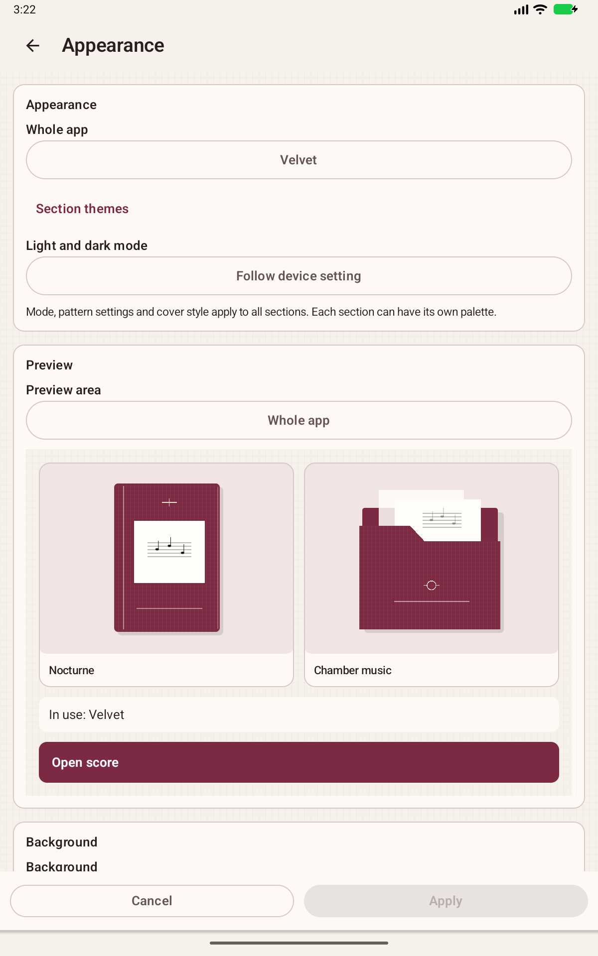 Partitoria screen: Colors, backgrounds and covers