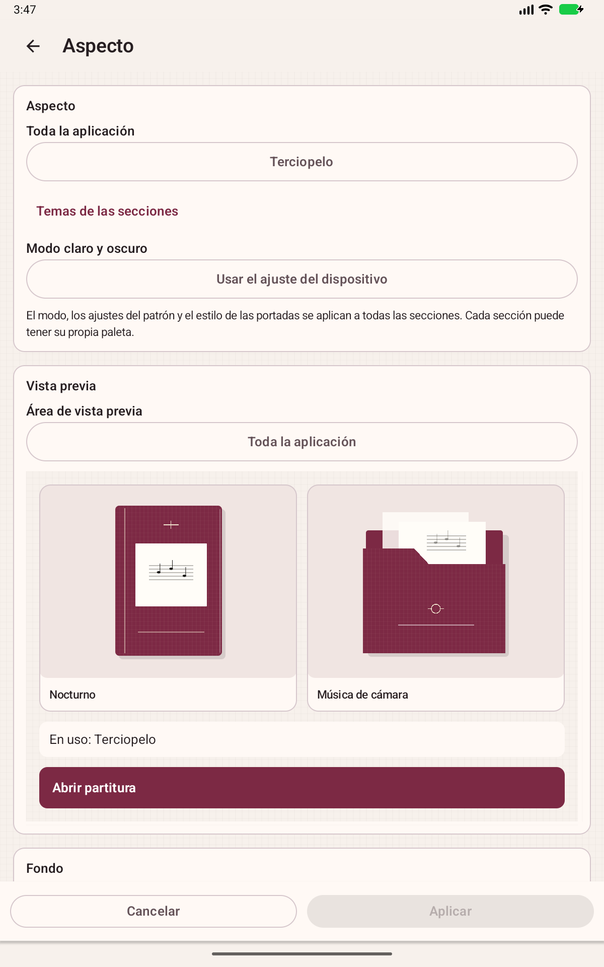 Pantalla de Partitoria: Colores, fondos y portadas