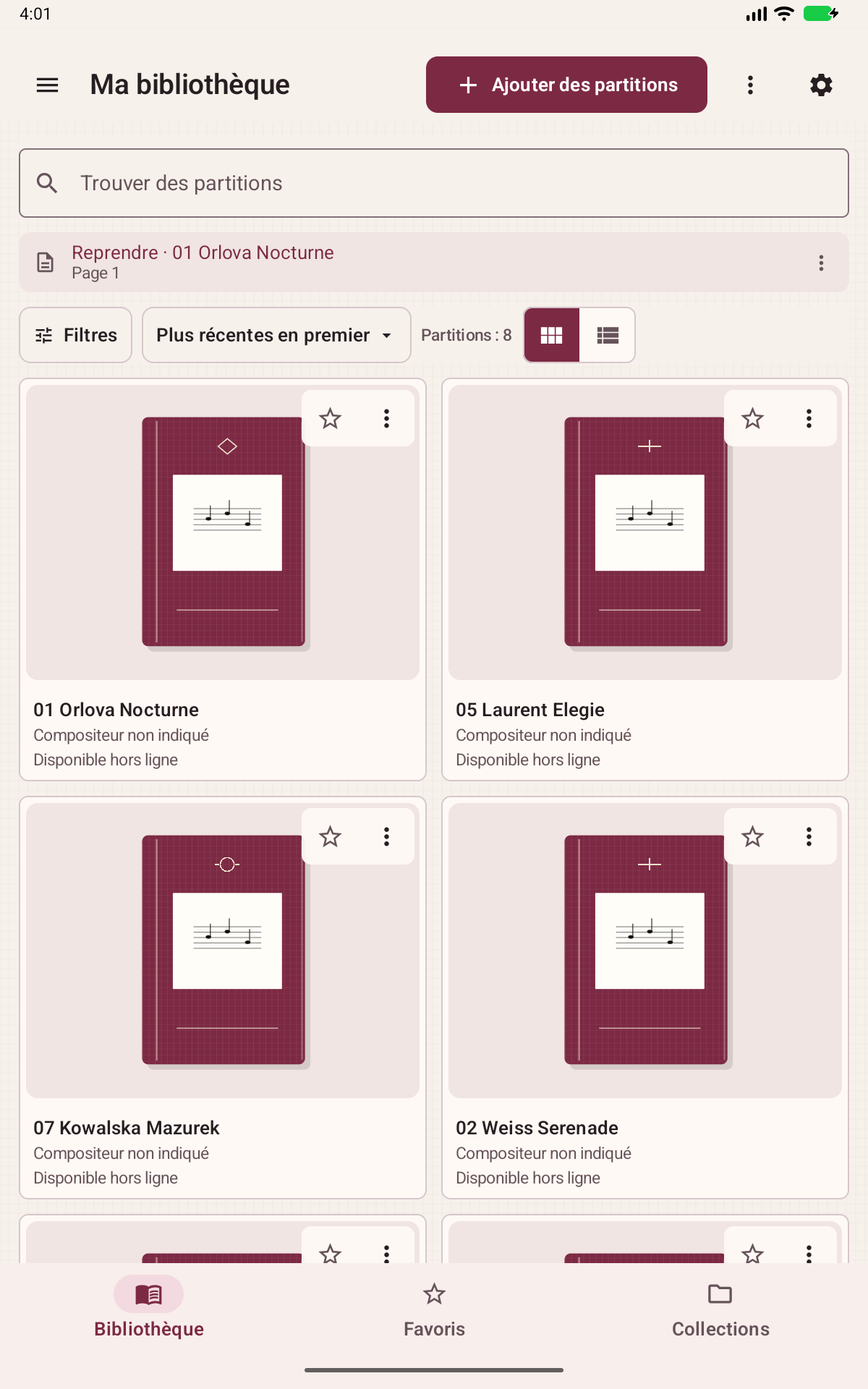 Écran Partitoria: Votre bibliothèque de partitions Android