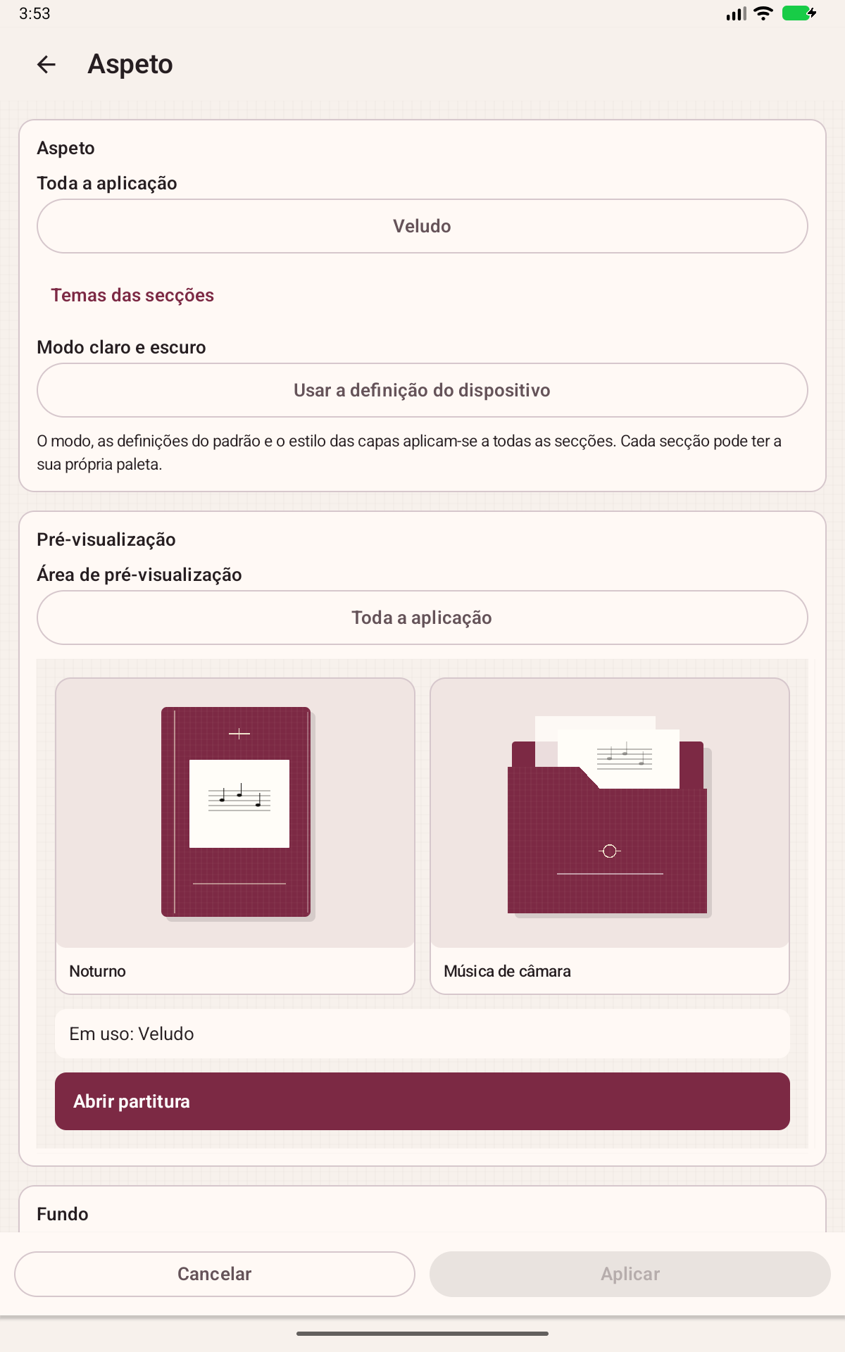 Ecrã da Partitoria: Cores, fundos e capas
