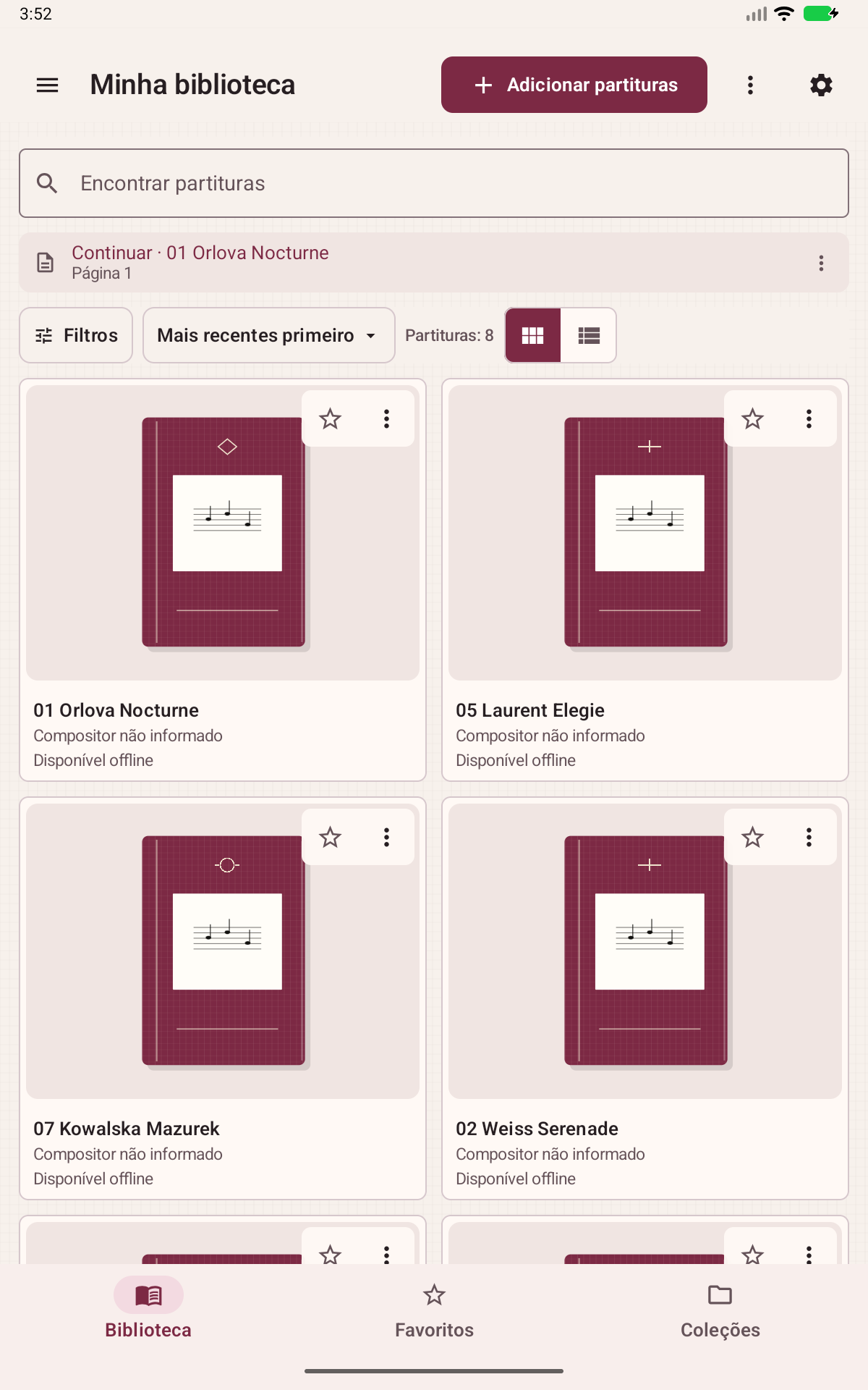 Ecrã da Partitoria: A sua biblioteca de partituras para Android
