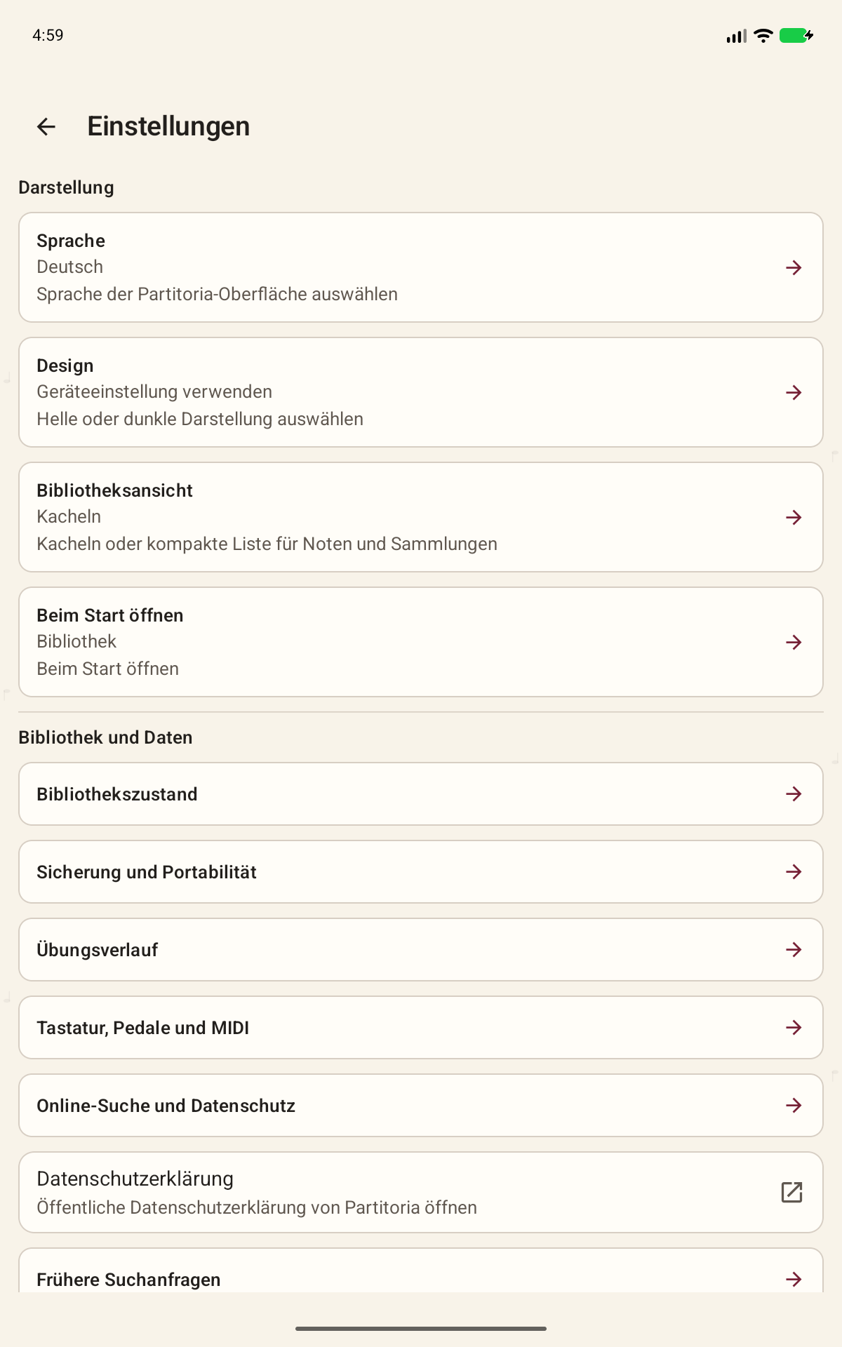 Partitoria-Bildschirm: Sprache, Design, Hilfe und Konto