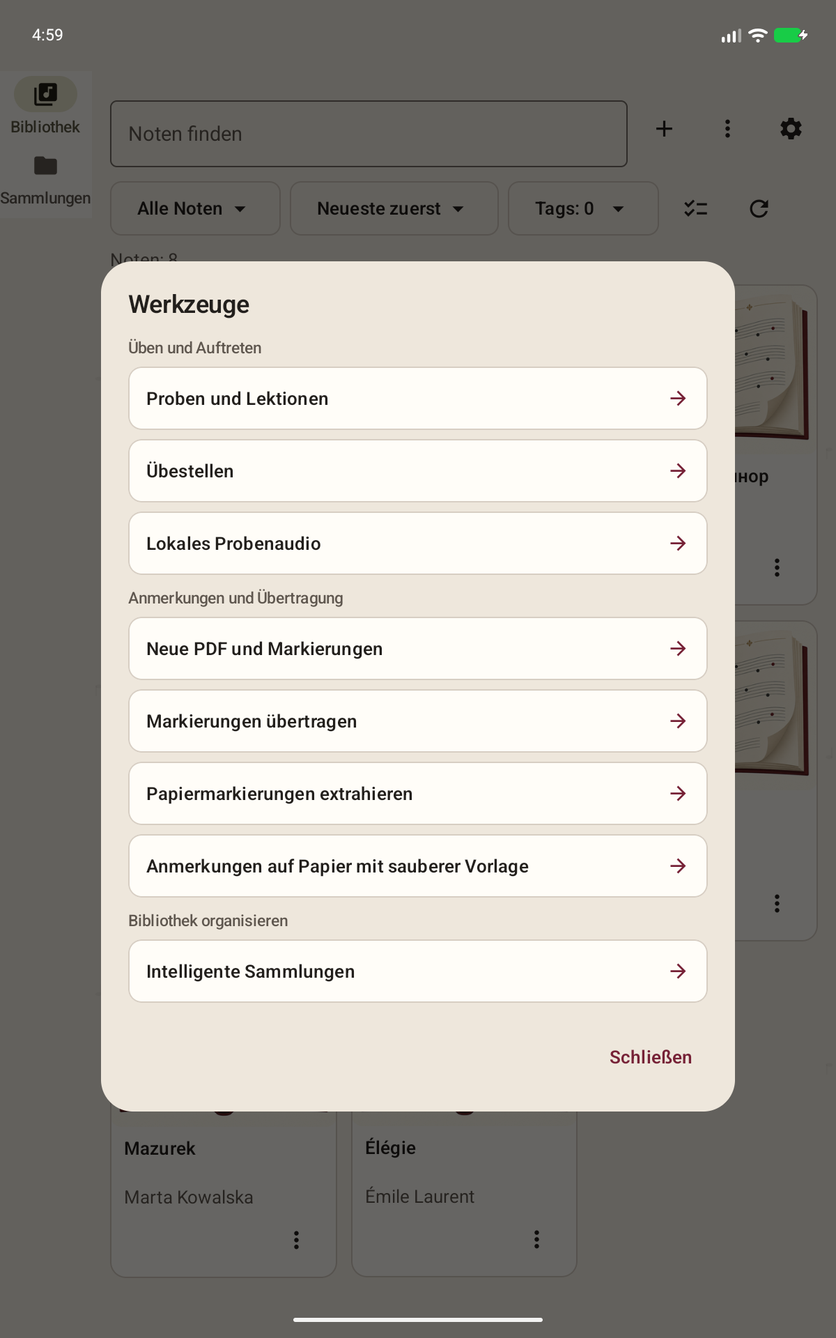 Partitoria-Bildschirm: Markierungen von Papiernoten