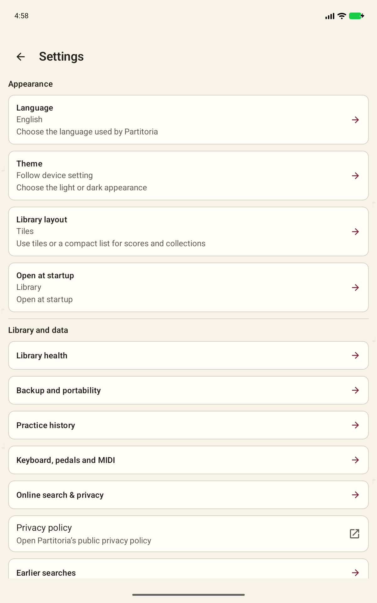 Partitoria screen: Language, theme, help and account