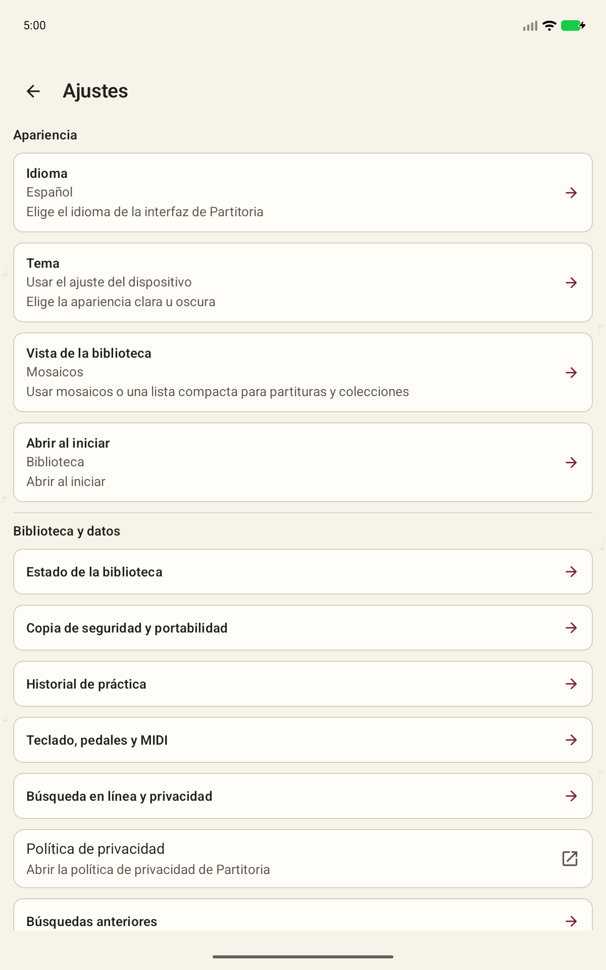 Pantalla de Partitoria: Idioma, tema, ayuda y cuenta