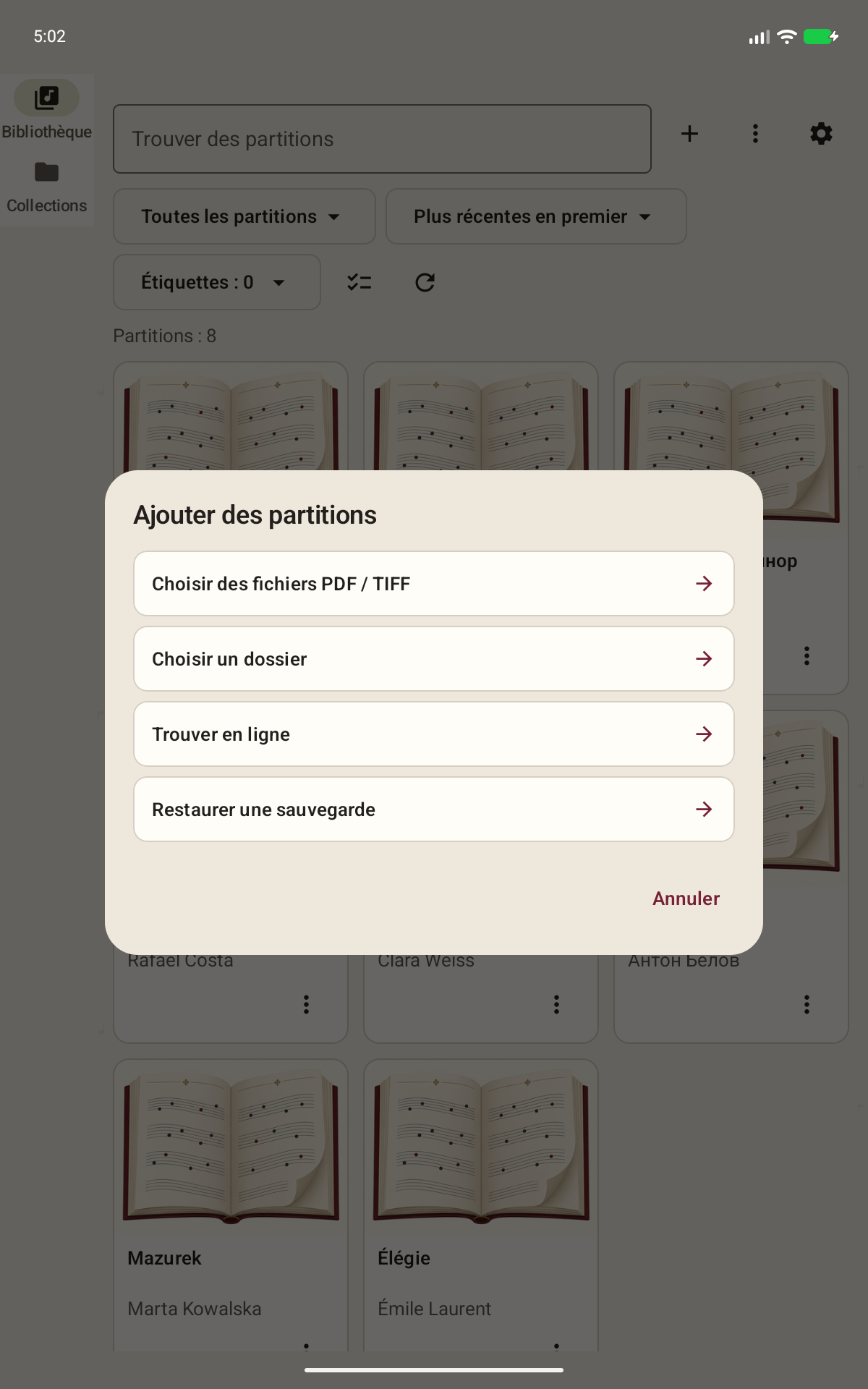 Écran Partitoria: Trouver une édition en ligne