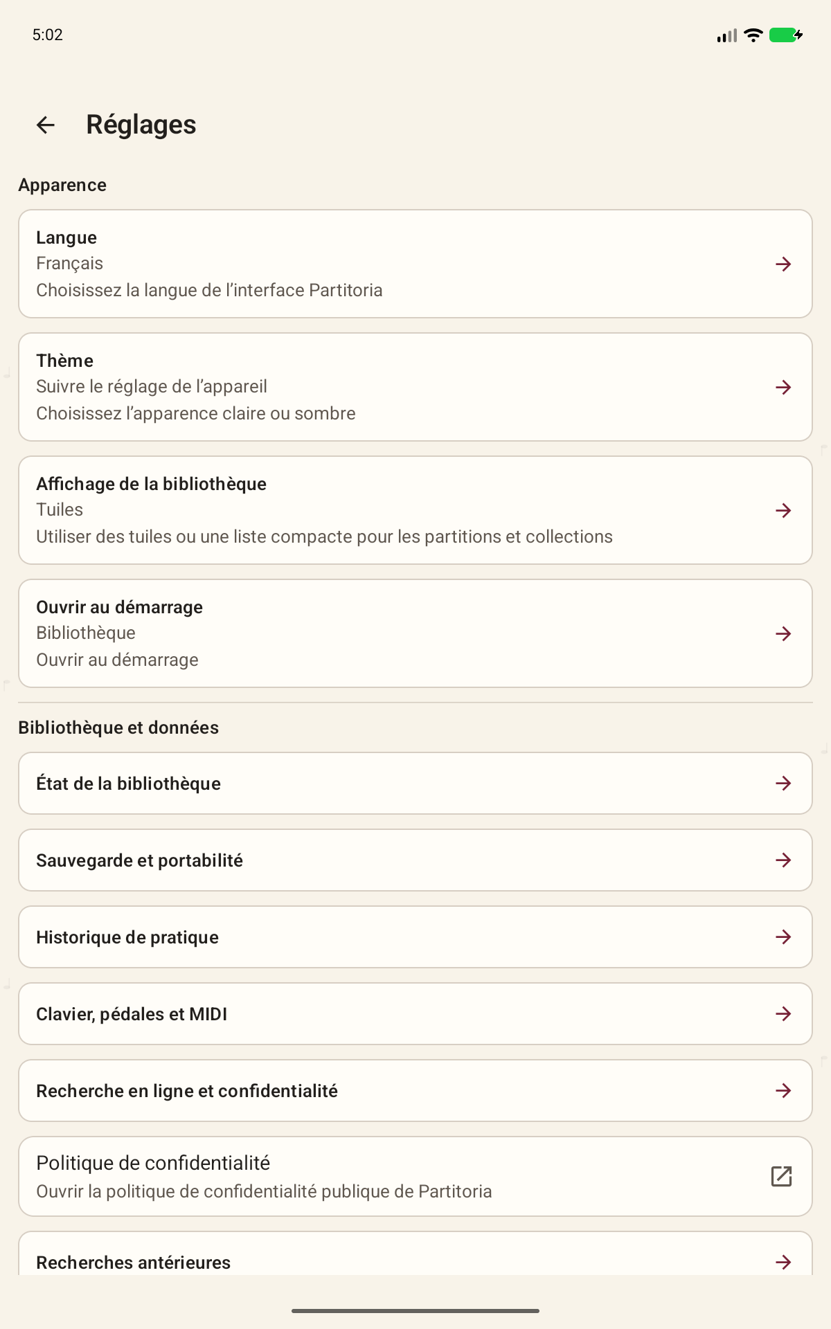 Écran Partitoria: Langue, thème, aide et compte