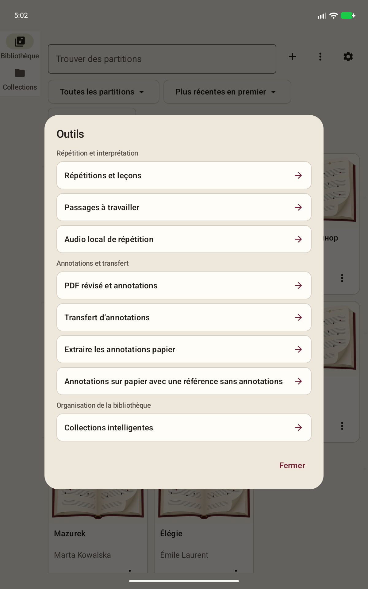 Écran Partitoria: Annotations de partitions papier