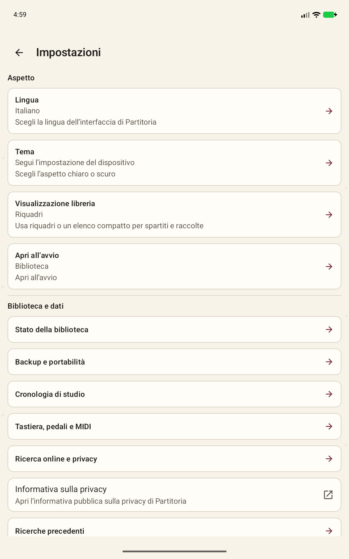 Schermata di Partitoria: Lingua, tema, aiuto e account