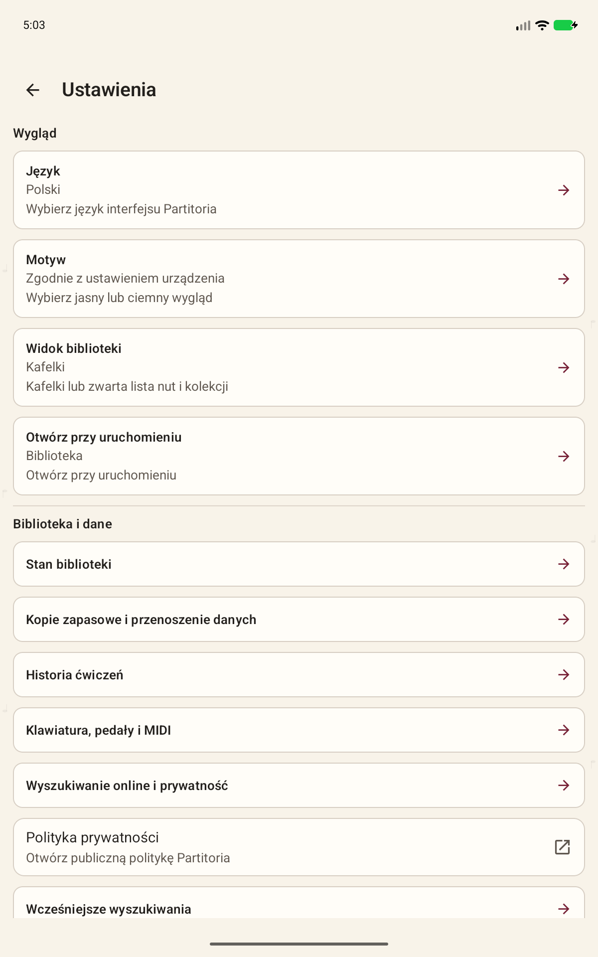 Ekran Partitoria: Język, motyw, pomoc i konto