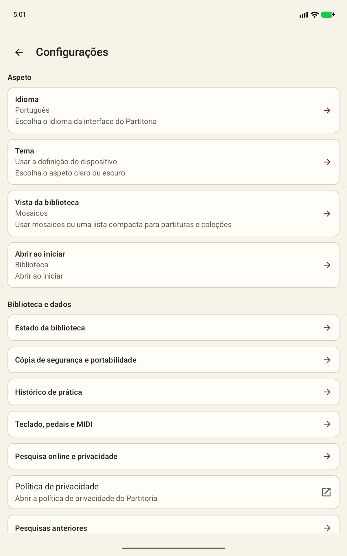 Ecrã da Partitoria: Idioma, tema, ajuda e conta